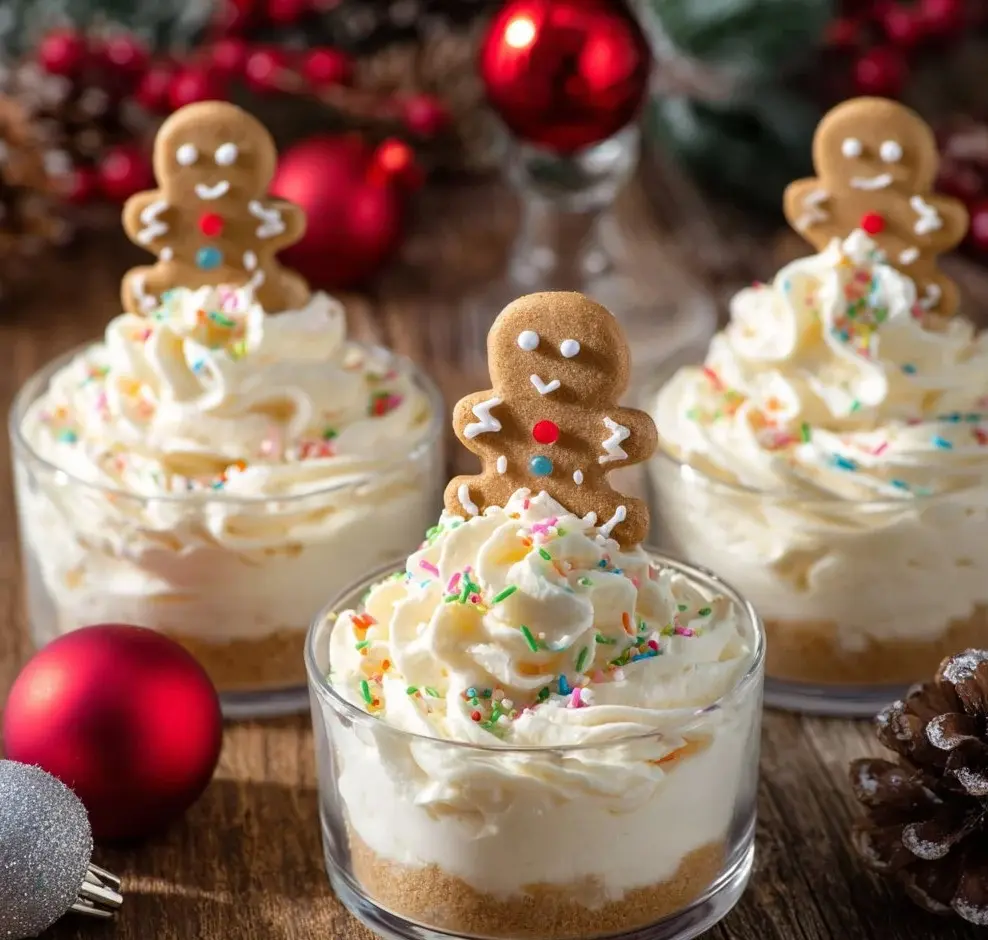 Delicious no-bake gingerbread cheesecake with festive garnishes.