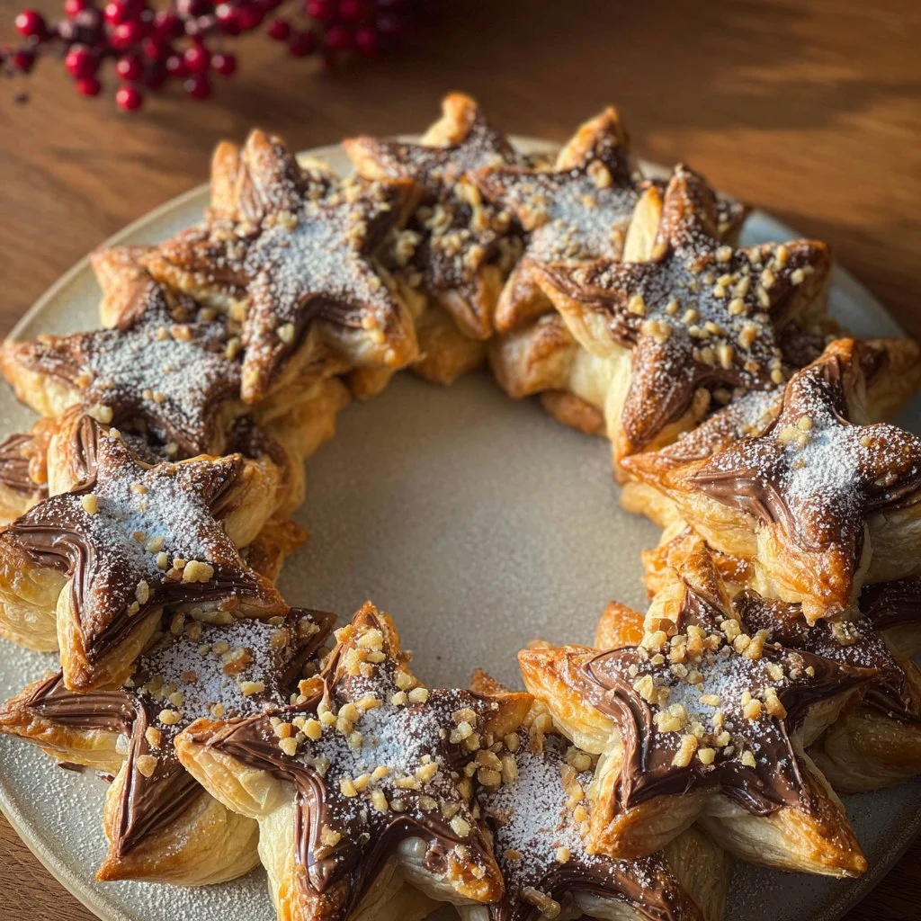 Nutella Puff Pastry Star Wreath decorated for a festive treat