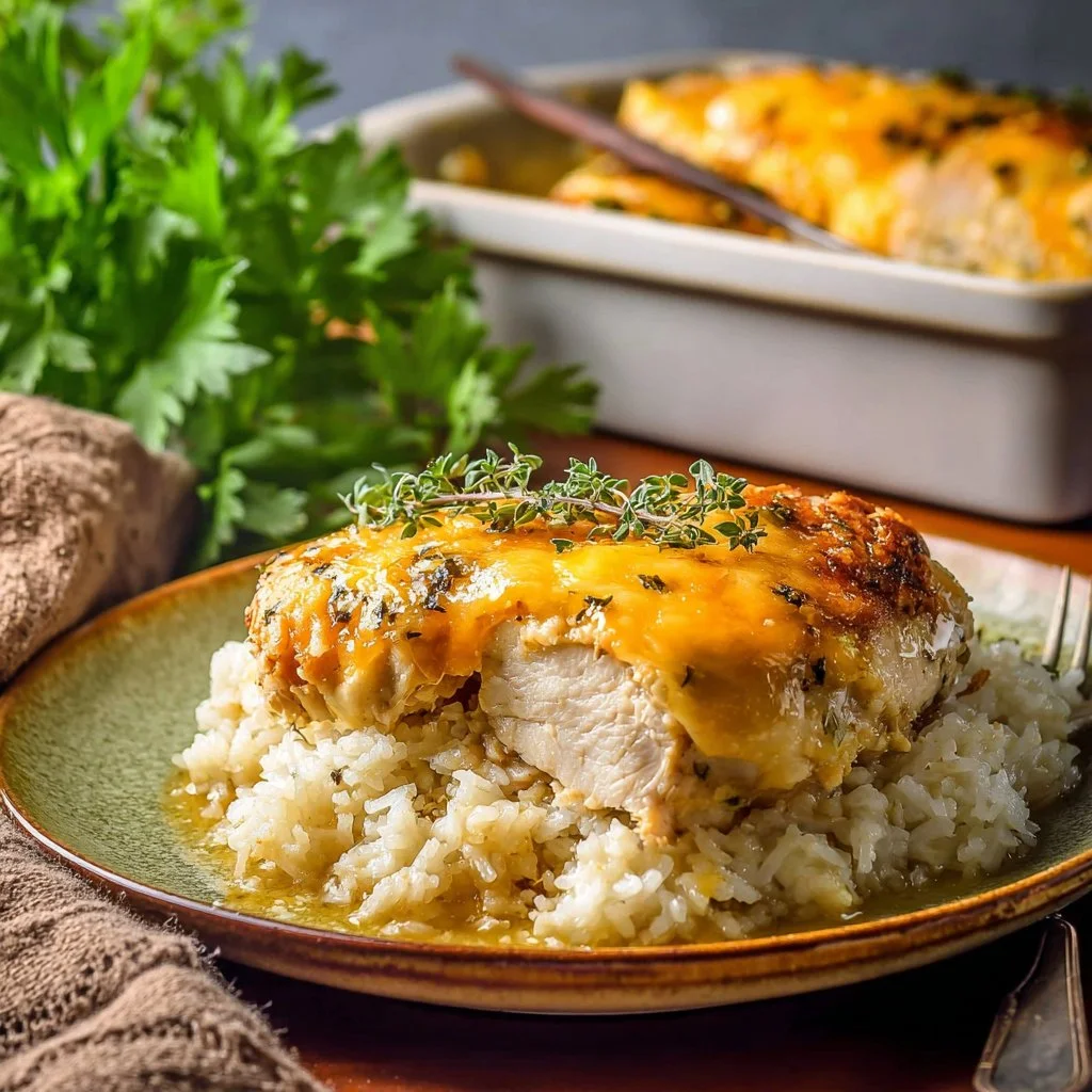 One-Pan Chicken and Rice Bake garnished with herbs and served on a plate