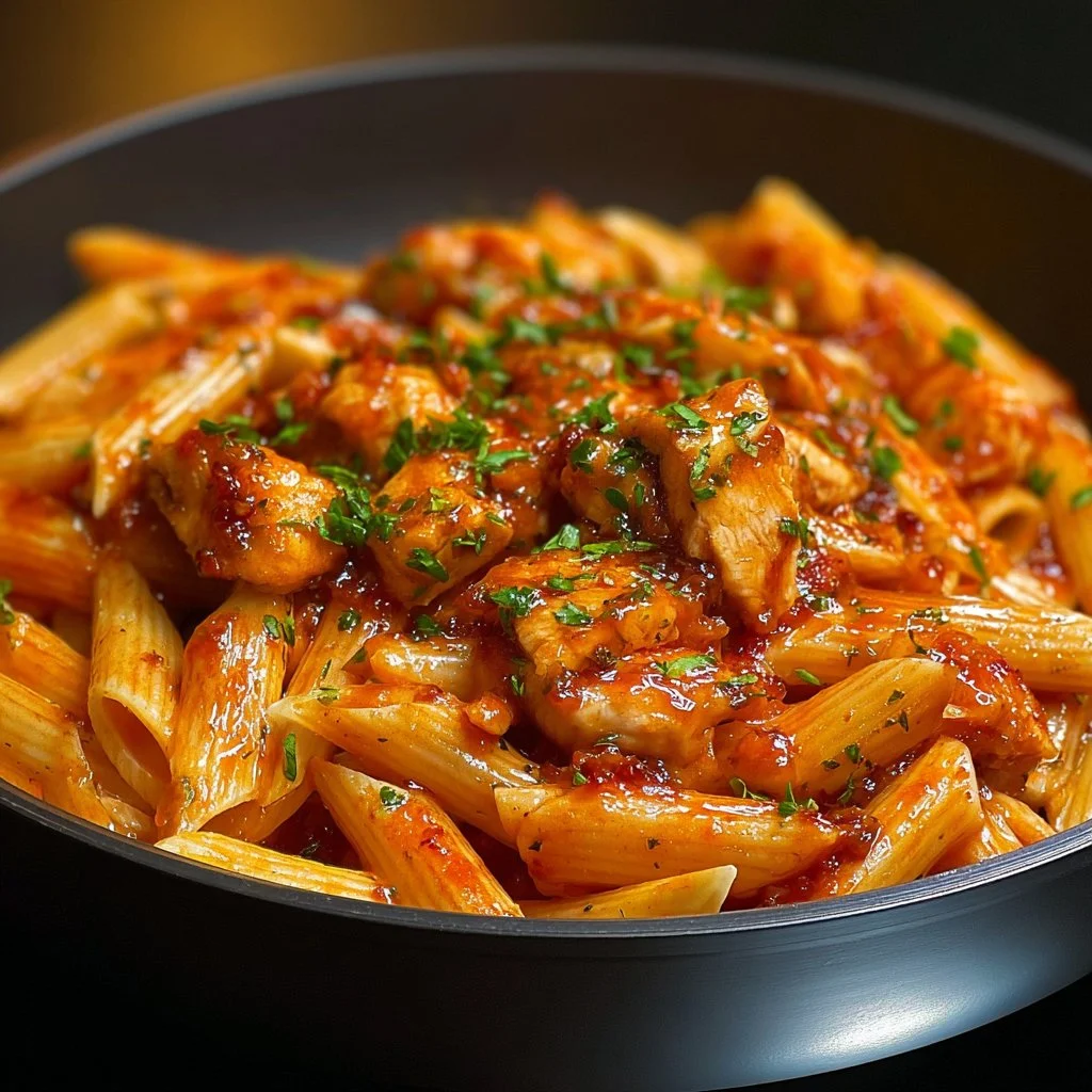 Delicious one-pan Tangy Honey BBQ Chicken Penne with vibrant toppings.