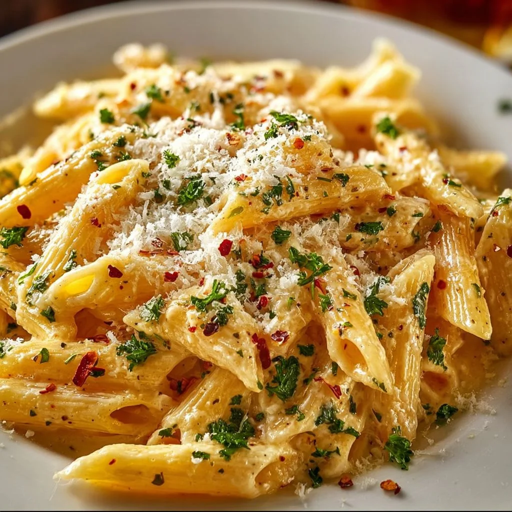 One pot creamy garlic pasta dish, rich and flavorful meal recipe