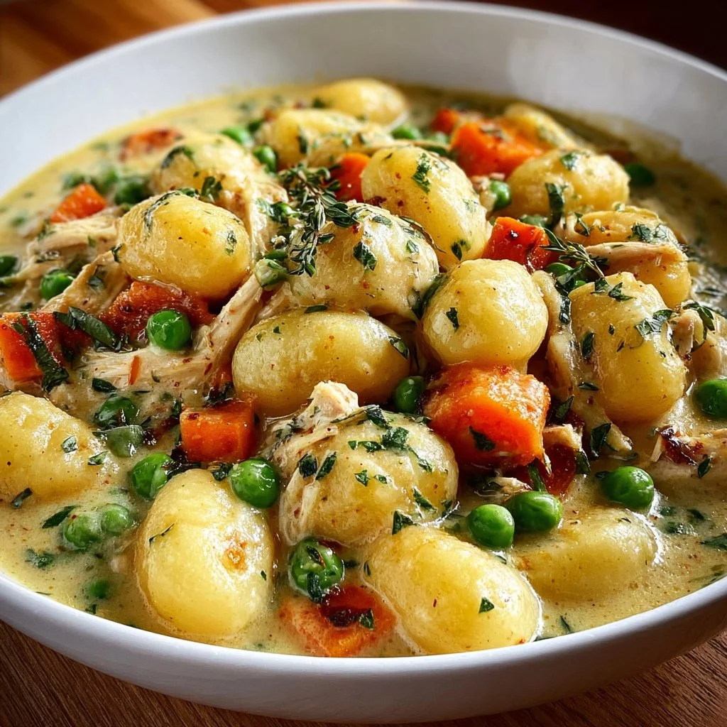 One Pot Gnocchi Chicken Pot Pie served in a rustic dish with fresh herbs