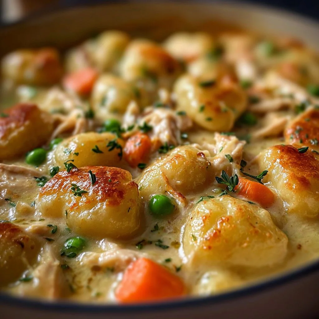 One-Pot Gnocchi Chicken Pot Pie served in a rustic dish with fresh herbs.