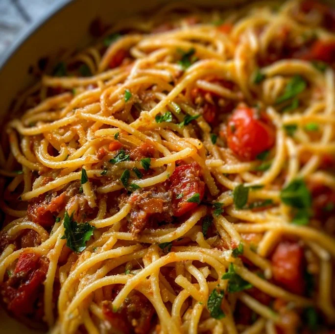 One pot spaghetti dish with vibrant vegetables and herbs