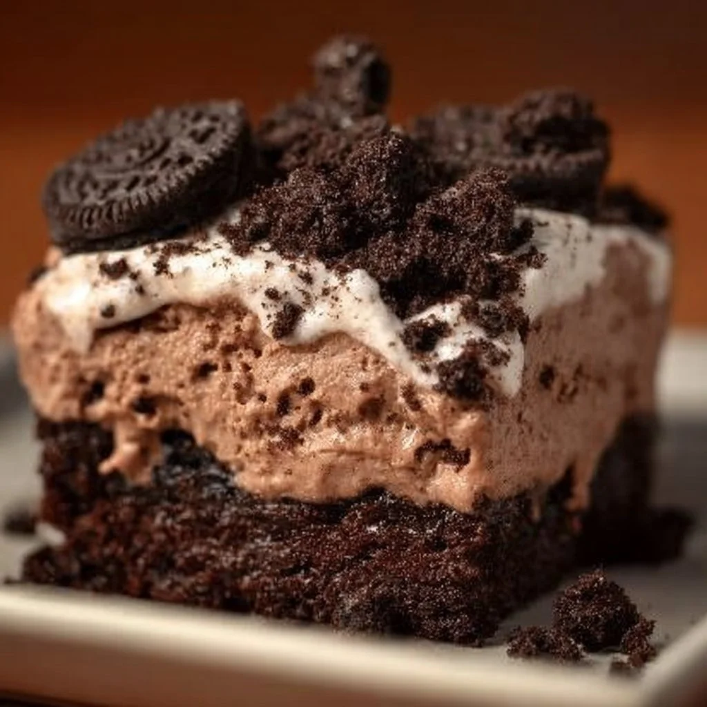 Delicious OREO Dirt Cake made with layers of chocolate and cream topped with crushed OREO cookies