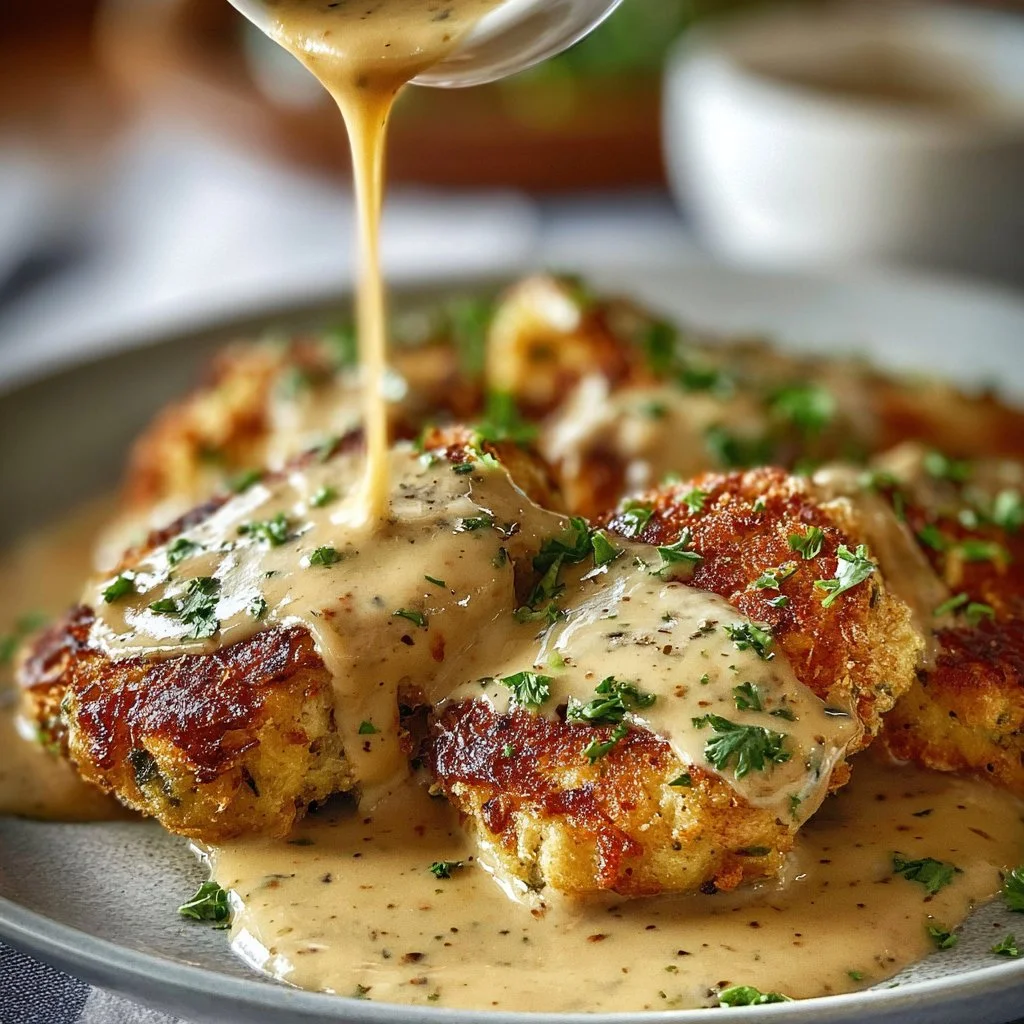 Parmesan Crusted Chicken with Creamy Garlic Sauce on a plate