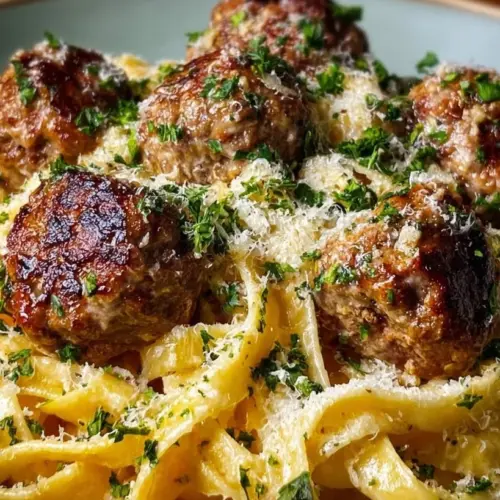 Creamy Parmesan Linguine topped with garlic butter meatballs on a plate