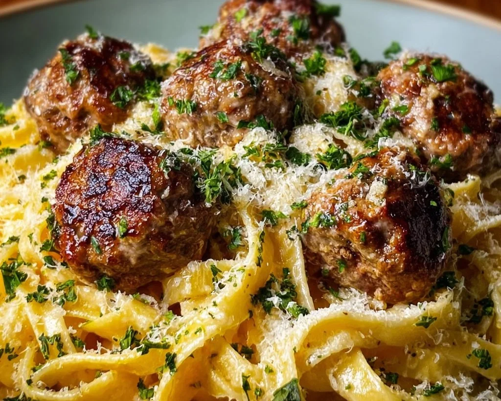 Creamy Parmesan Linguine topped with garlic butter meatballs on a plate