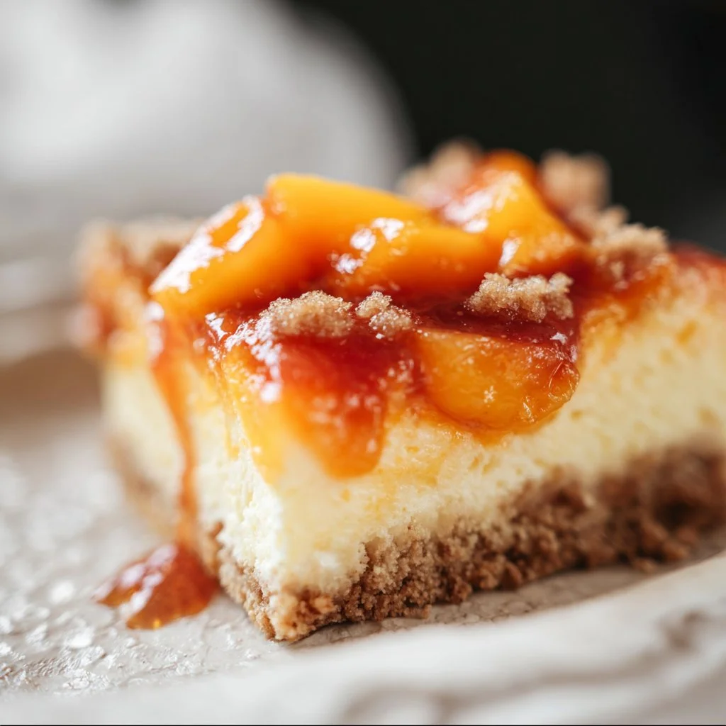 Delicious homemade Peach Cheesecake with fresh peach slices on top