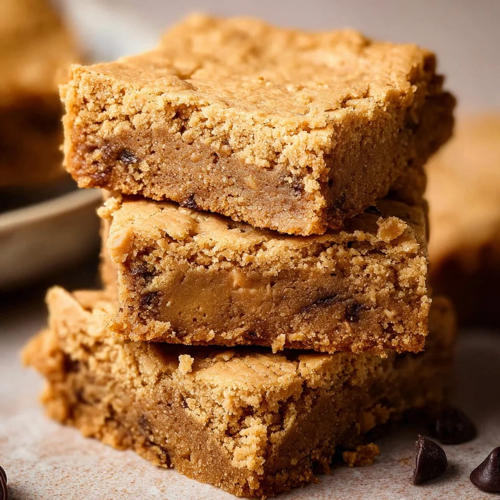Delicious homemade Peanut Butter Cookie Bars on a plate with a glass of milk
