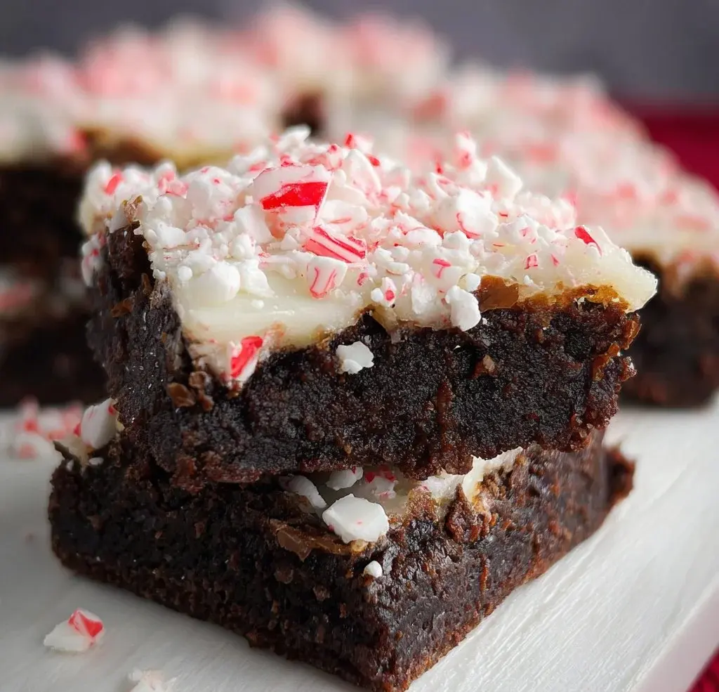 Delicious peppermint bark brownies topped with crushed peppermint candies.