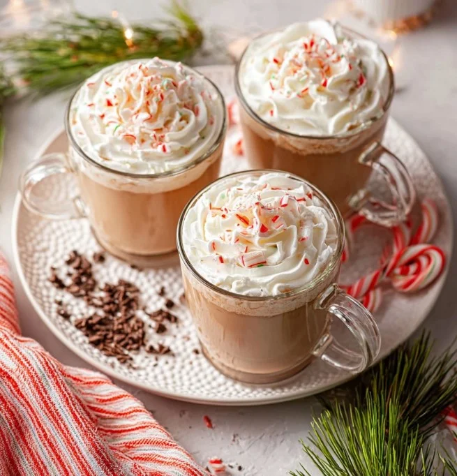 Creamy peppermint hot chocolate topped with whipped cream and crushed peppermint candy