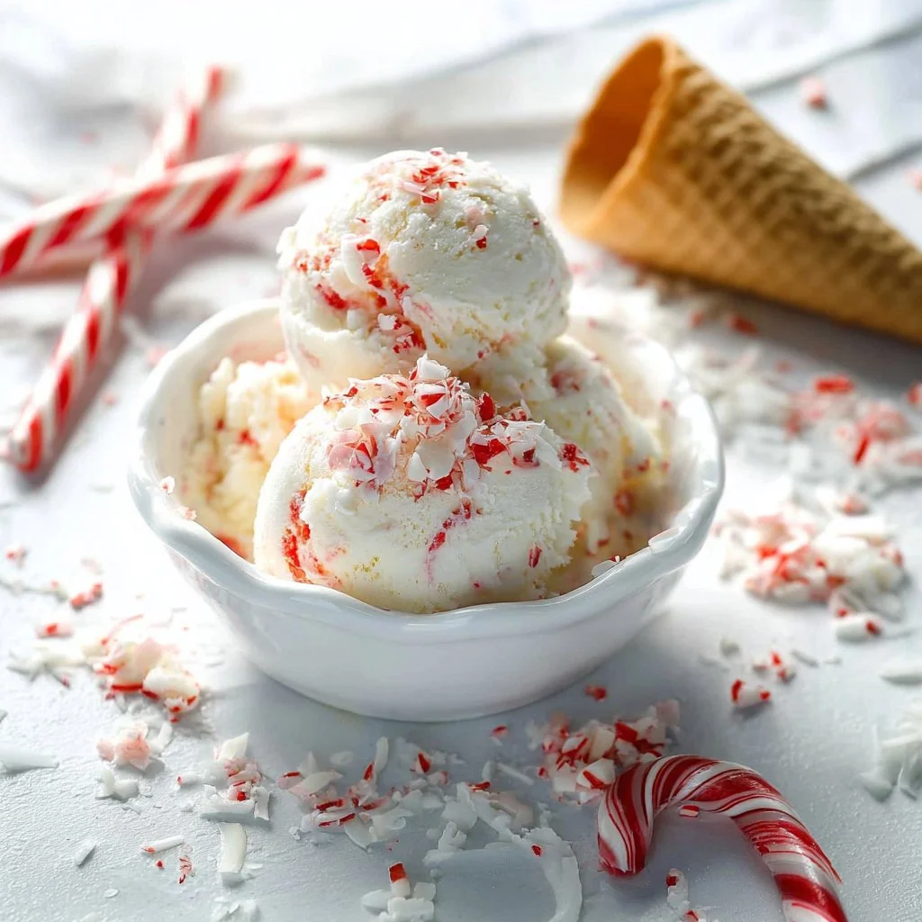 Bowl of peppermint ice cream garnished with crushed candy canes