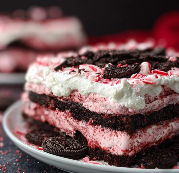 Slice of Peppermint Oreo Icebox Cake with crushed Oreos and peppermint decoration