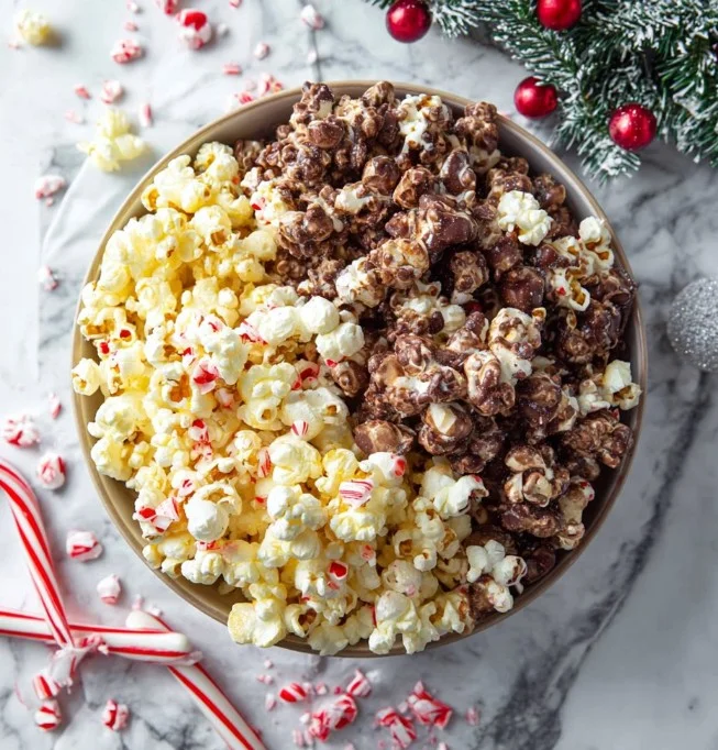 Bowl of festive peppermint popcorn with a sprinkle of crushed candy canes.