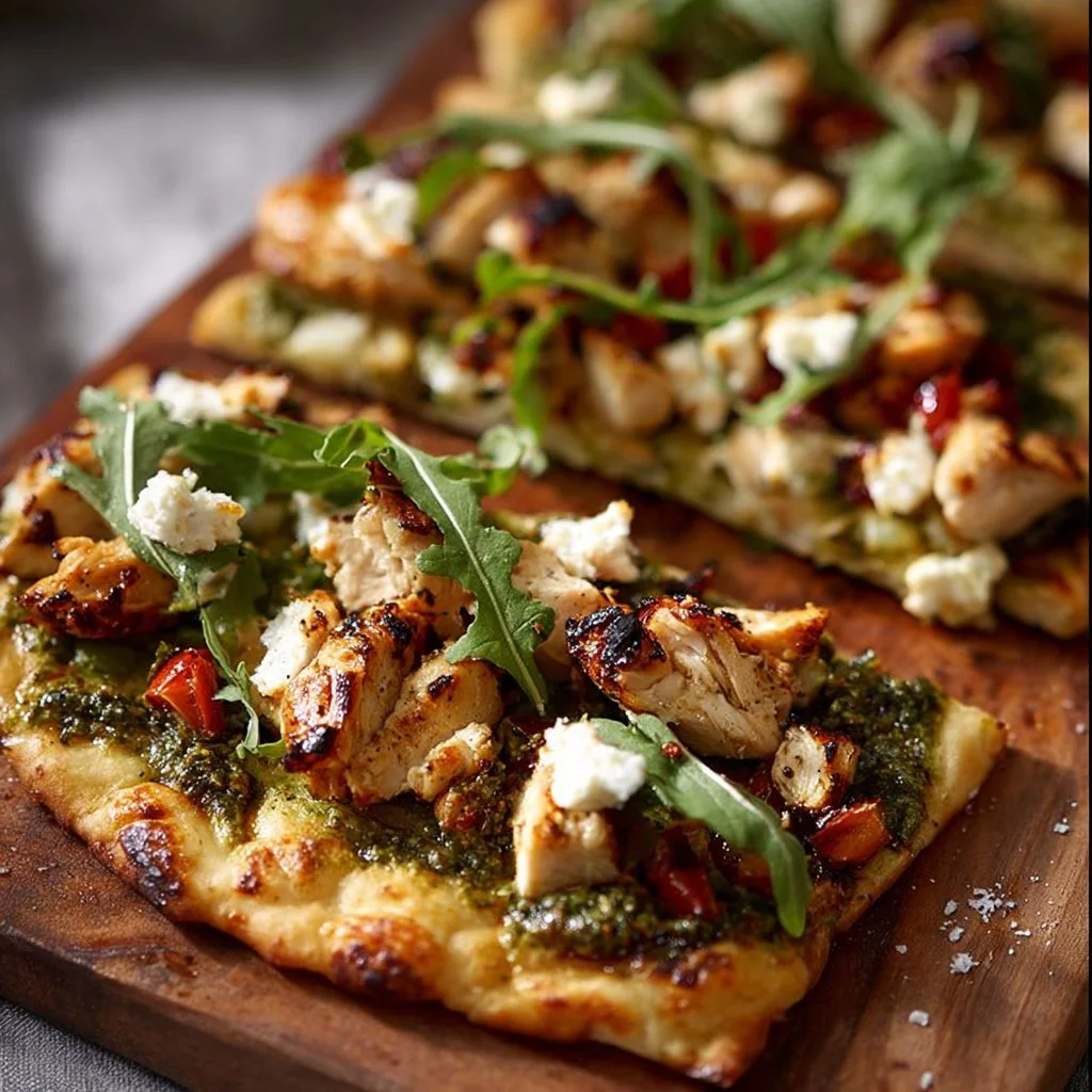 Pesto Chicken Flatbread topped with fresh ingredients for a tasty dinner option.