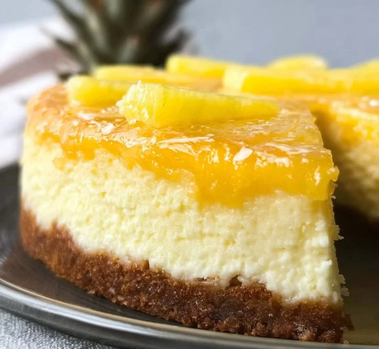 Delicious pineapple cheesecake topped with fresh pineapple slices and cream.