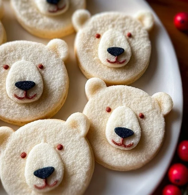 Deliciously decorated Polar Bear Cookies on a festive plate
