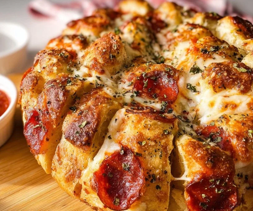 Pull-apart pizza bread with melted cheese and herbs served on a plate.
