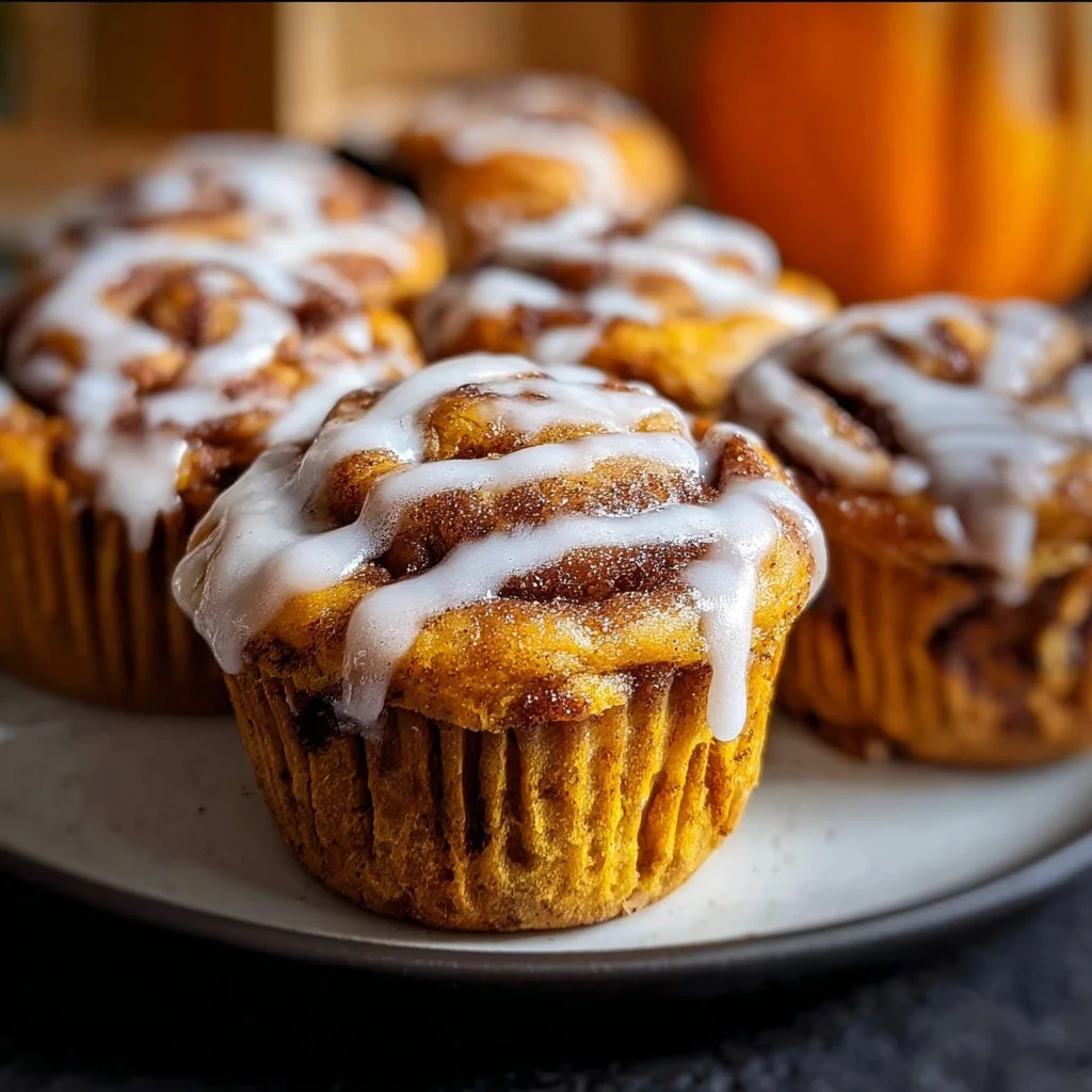 Pumpkin Cinnamon Roll Muffins topped with cream cheese frosting
