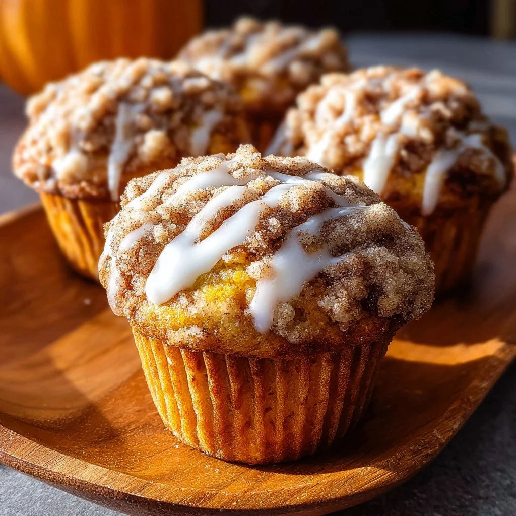 Delicious Pumpkin Cinnamon Roll Muffins drizzled with icing on a wooden table.