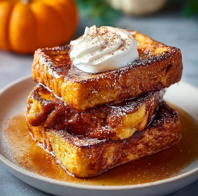 Delicious Pumpkin French Toast served with syrup and sprinkled with powdered sugar
