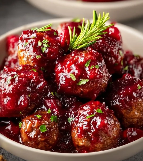 A plate of quick cranberry meatballs garnished with parsley