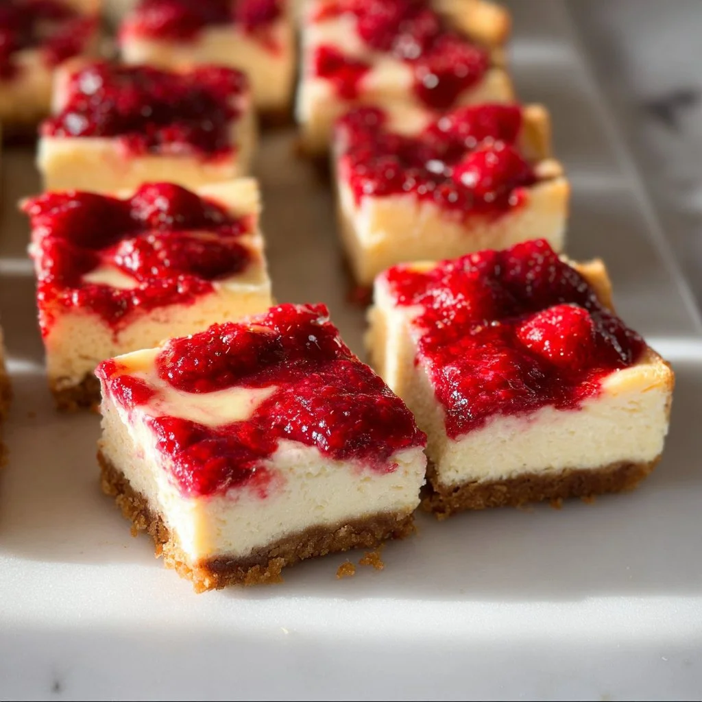 Delicious raspberry cheesecake bars with a creamy texture and raspberry topping
