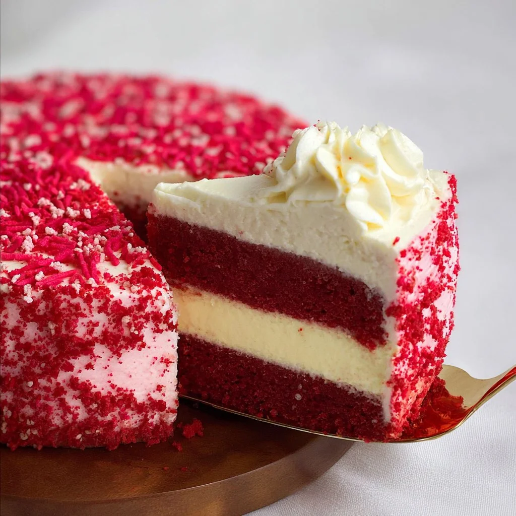 Delicious red velvet cheesecake cake topped with cream cheese frosting.