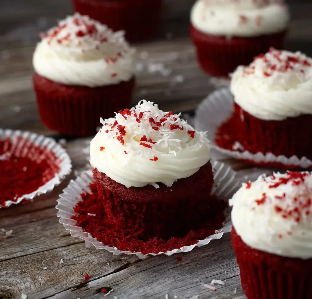 Delicious red velvet cupcakes topped with cream cheese frosting.