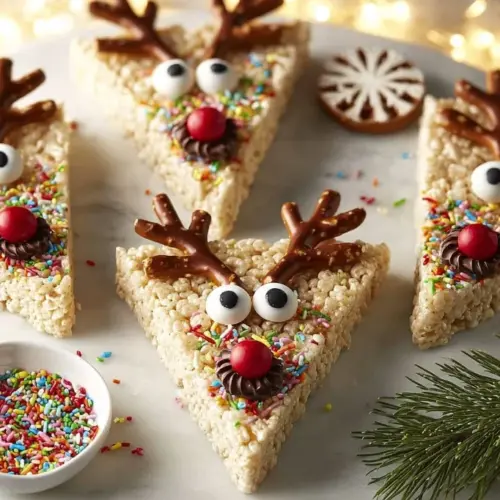Deliciously decorated Reindeer Rice Krispie Treats with chocolate and candy accents