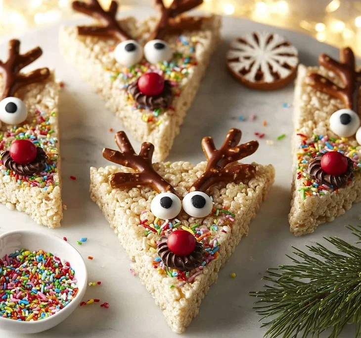 Deliciously decorated Reindeer Rice Krispie Treats with chocolate and candy accents