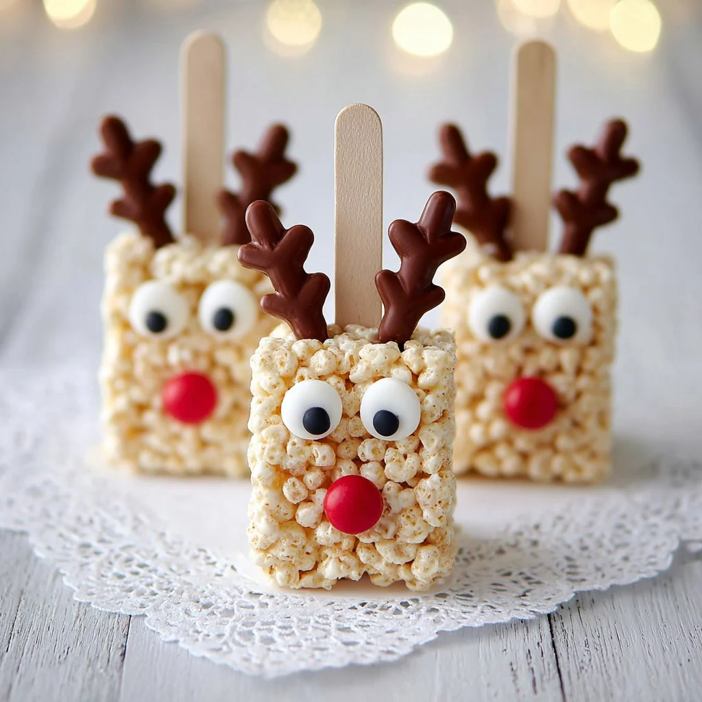Holiday Reindeer Rice Krispies treats decorated with chocolate and candy accessories