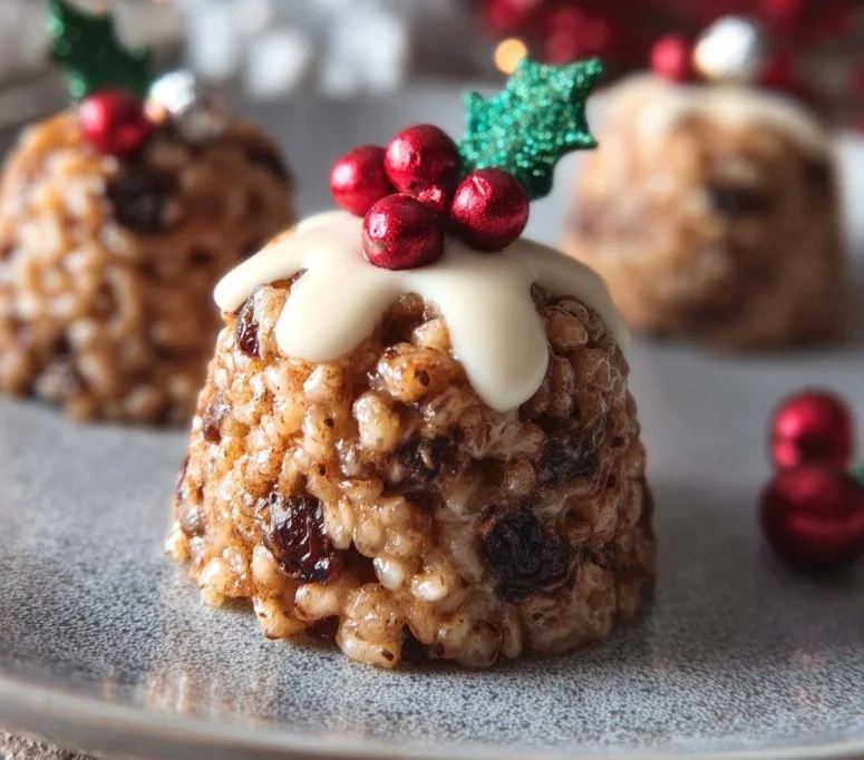 Delicious Rice Krispie Christmas puddings decorated with festive toppings
