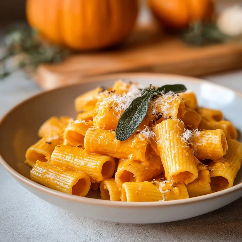 Roasted butternut squash pasta with sage served in a bowl