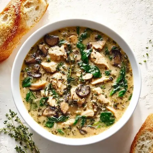 Rotisserie chicken and mushroom soup served in a bowl