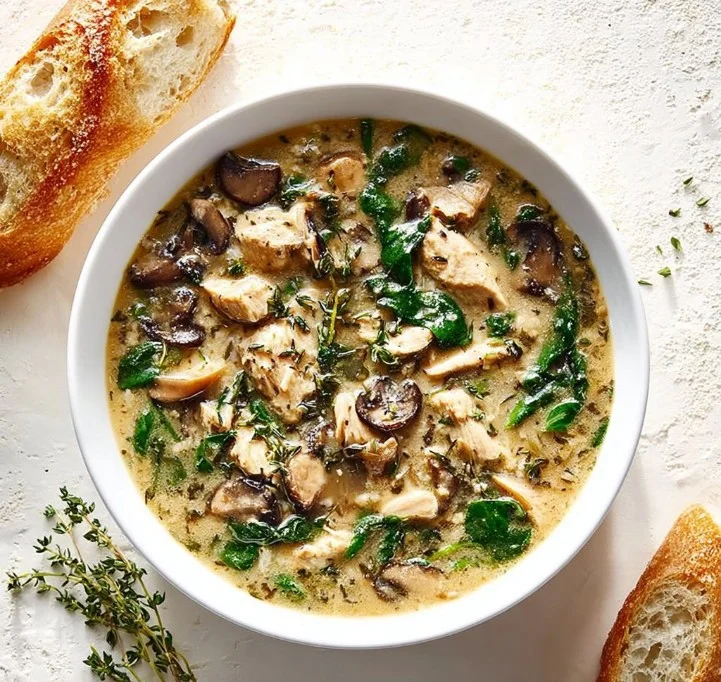 Rotisserie chicken and mushroom soup served in a bowl
