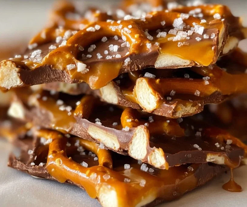 Homemade salted caramel pretzel bark with chocolate and sea salt topping