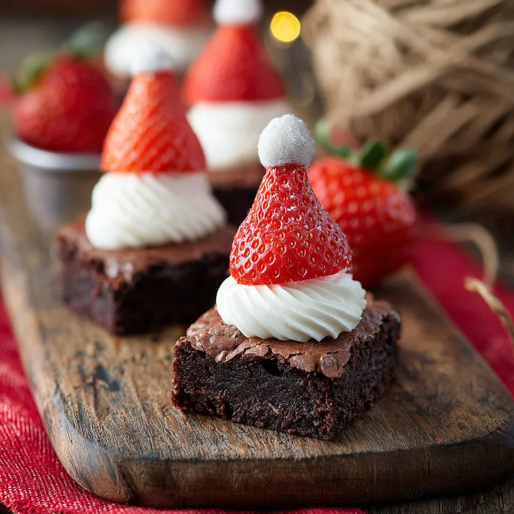 Festively decorated Santa Hat Brownies on a holiday-themed plate