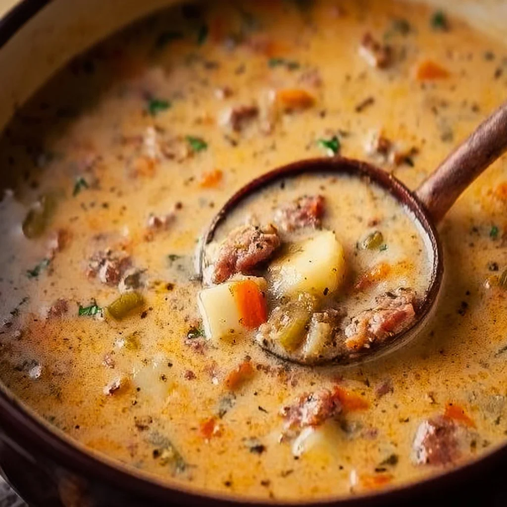 Bowl of delicious sausage potato soup garnished with herbs
