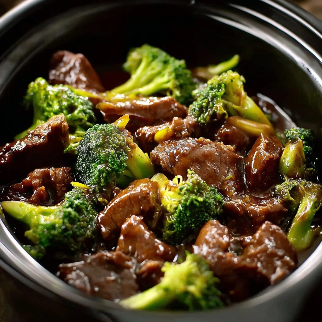 Savory Crock Pot Beef and Broccoli dish served with rice