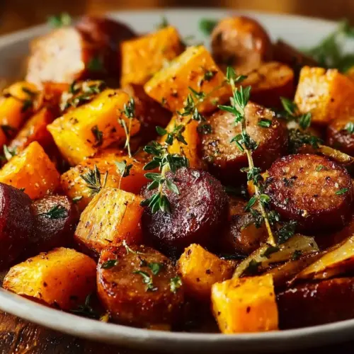 Sheet pan sausage and sweet potatoes with honey garlic sauce dish