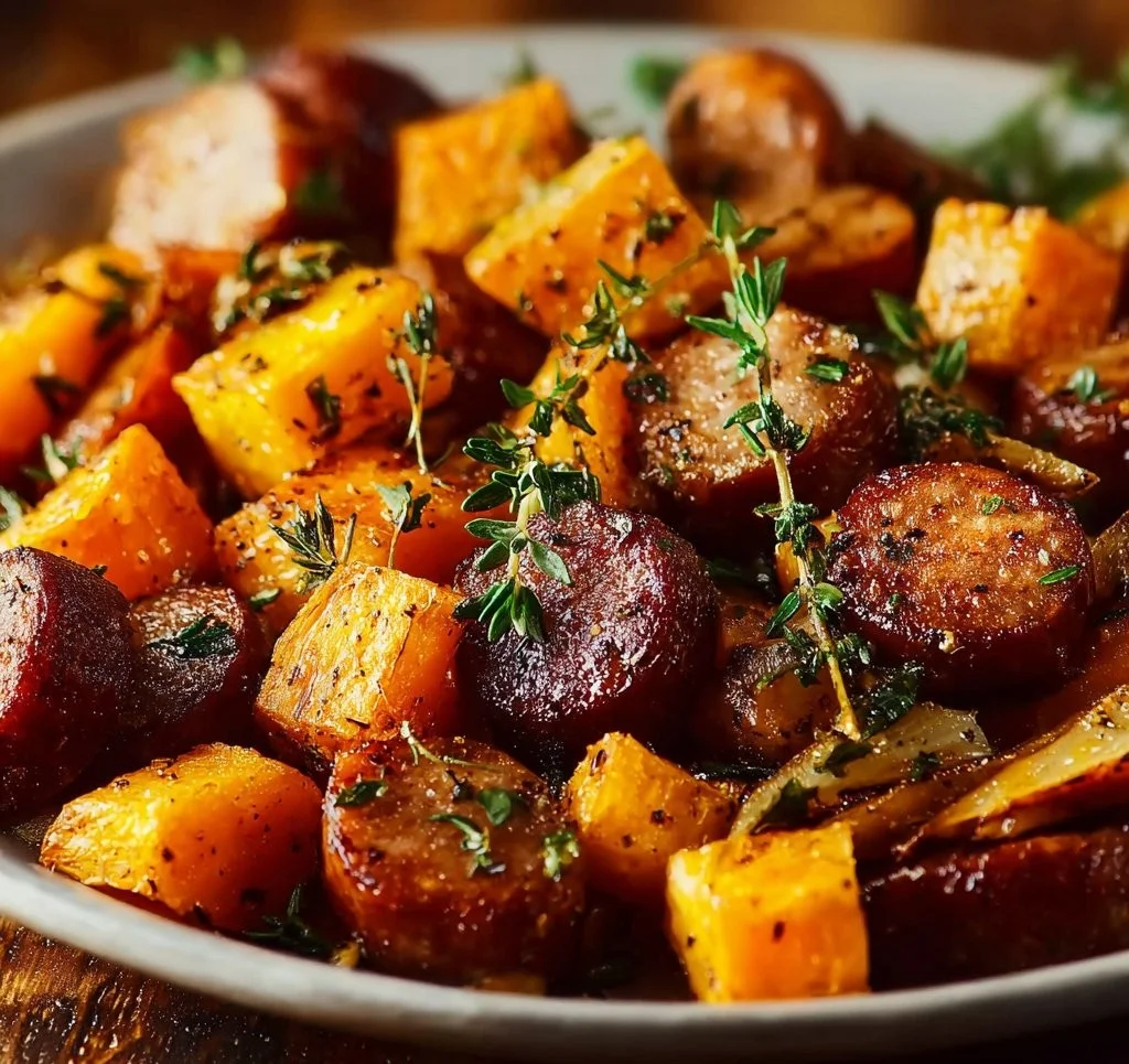 Sheet pan sausage and sweet potatoes with honey garlic sauce dish