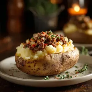 Delicious Shepherd's Pie Baked Potato topped with savory meat and vegetables