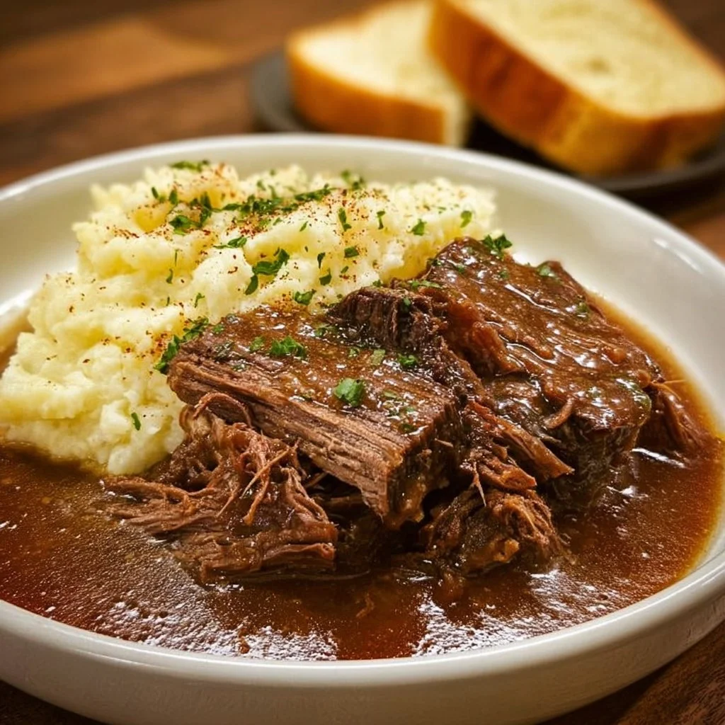 Delicious slow-cooked beef and gravy served over mashed potatoes.