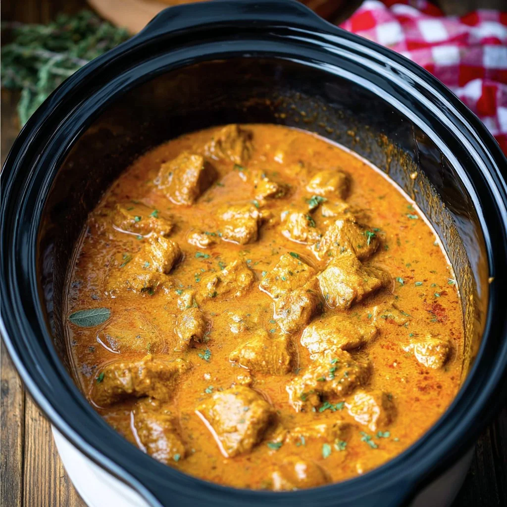 Slow cooker butter chicken dish served with rice and garnished with cilantro