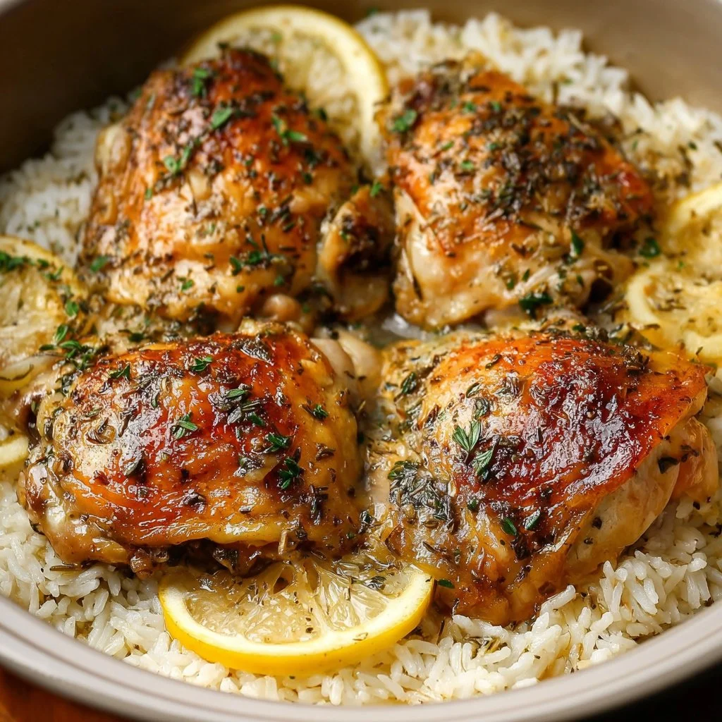 Delicious slow cooker lemon herb chicken served with fluffy rice