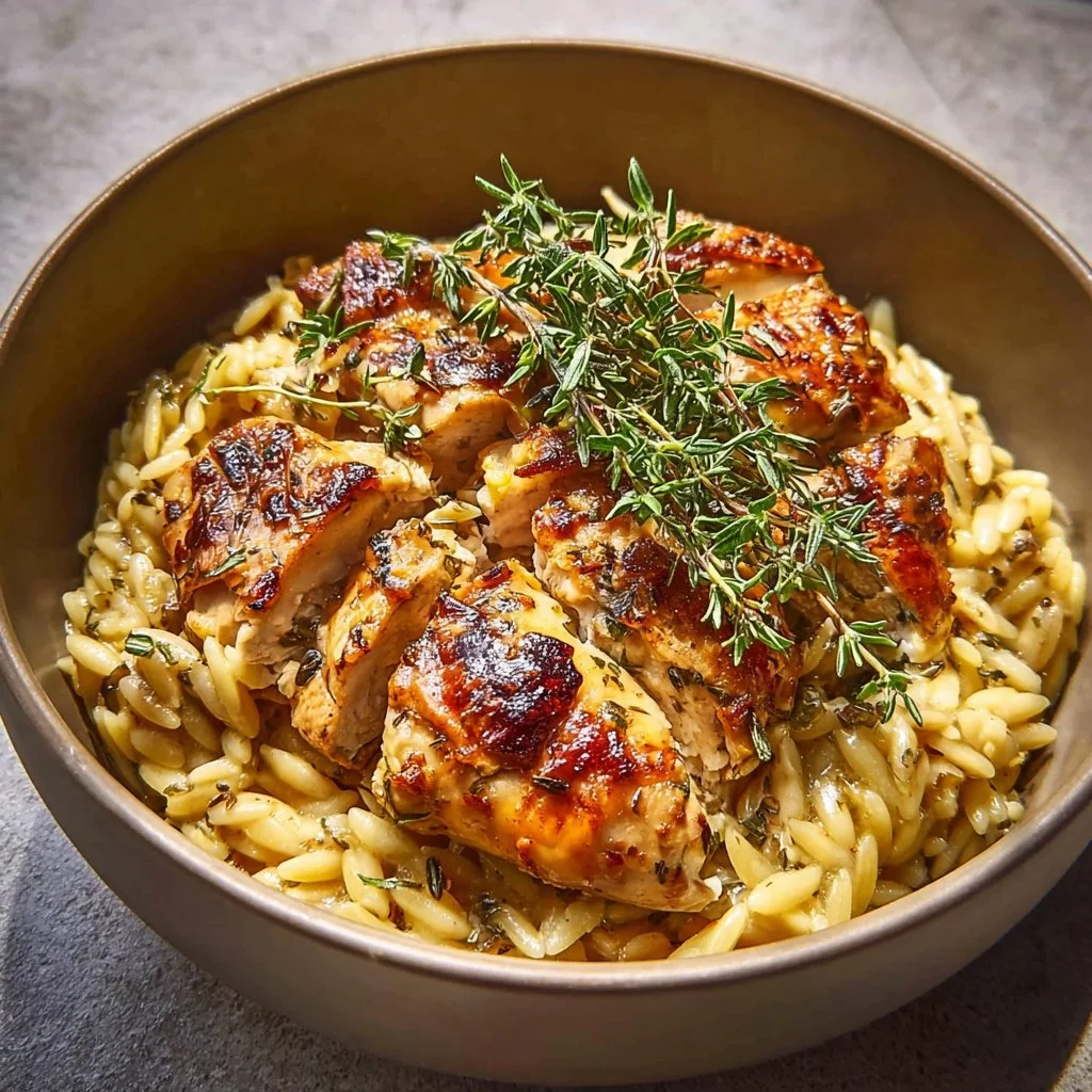 Slow Cooker Parmesan Herb Chicken served with orzo pasta