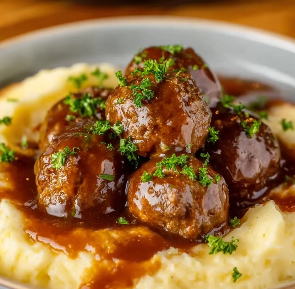 Slow Cooker Salisbury Steak Meatballs served on a plate with gravy and vegetables