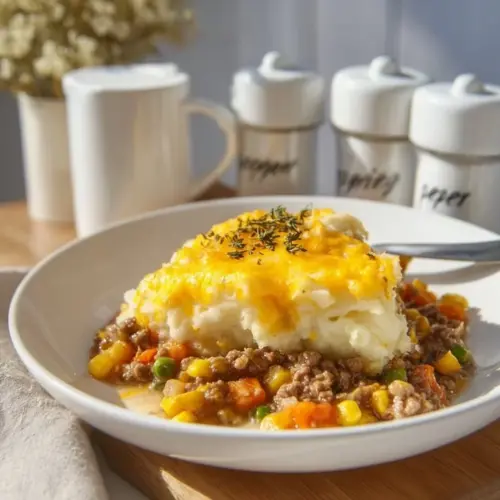 Delicious slow cooker Shepherd's Pie with mashed potatoes and savory filling